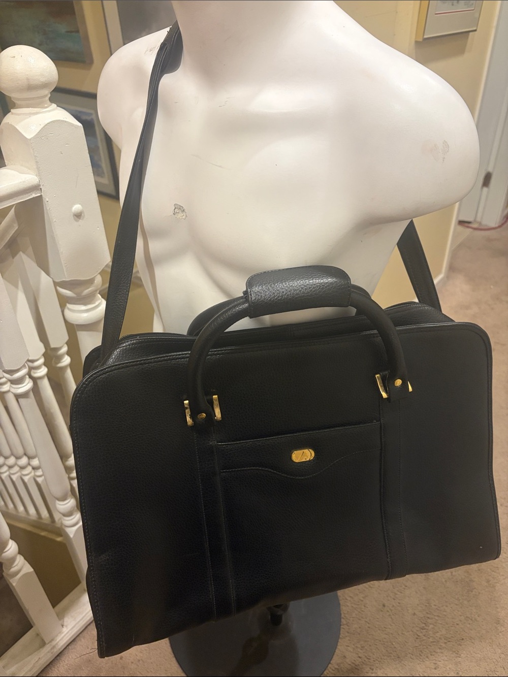 large Men's Black Leather Briefcase with Gold-Tone Hardware by AOUSHA